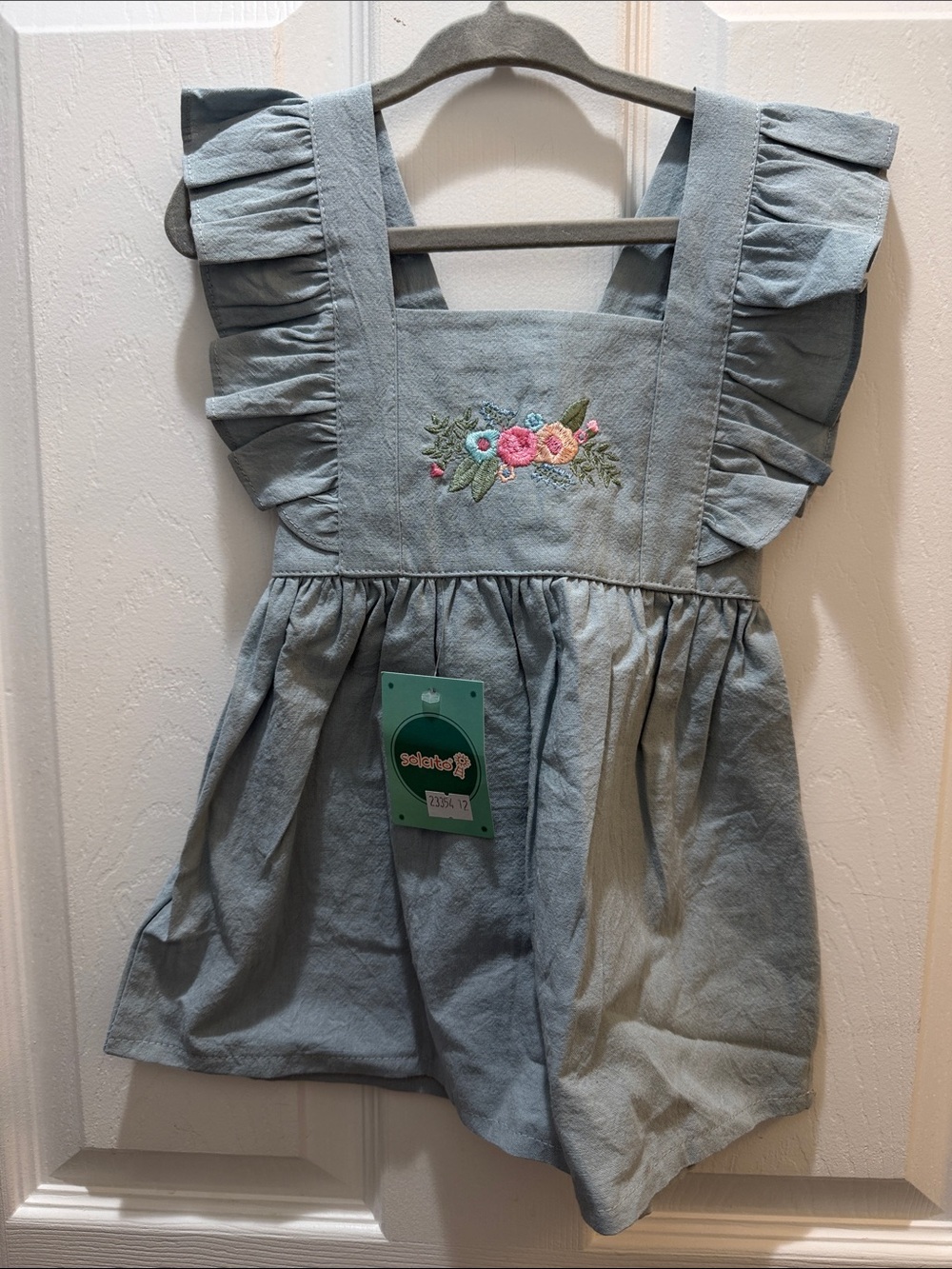 Chambray Embroidered Ruffle Sundress with Floral Detail